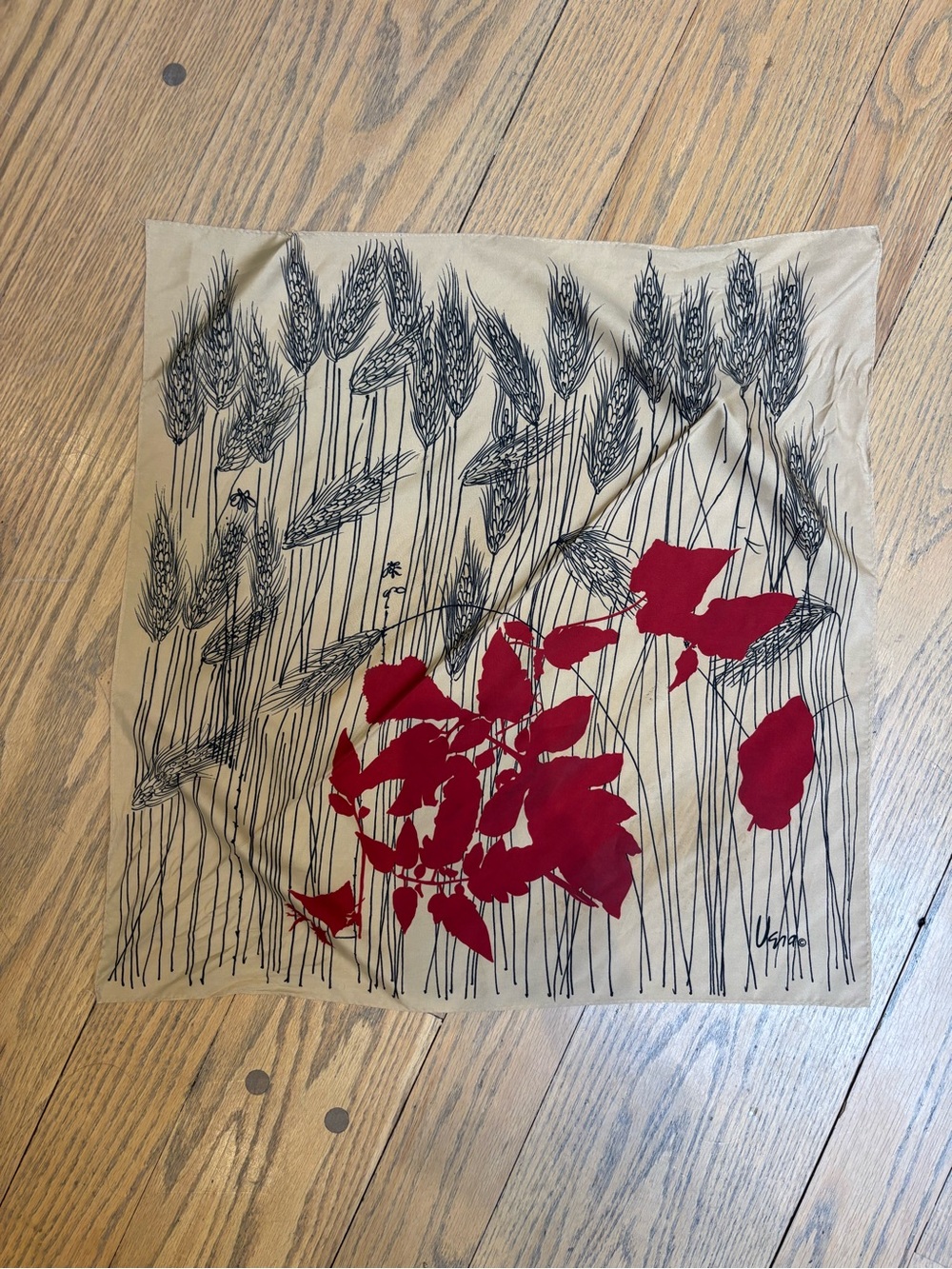 Vintage Vera Neumann Square Scarf with Red Floral Accents